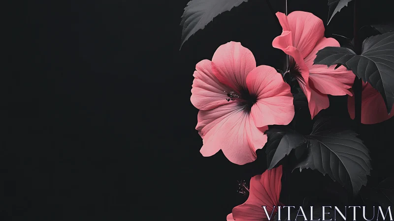 Pink Hibiscus Blooms Against Dark Foliage. Botanical Study.