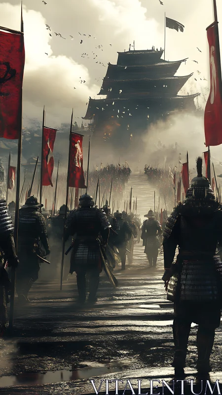 Armored samurai march toward a mist shrouded mountain citadel.