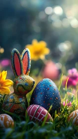 Glittered rabbit figure and painted eggs in garden grass.