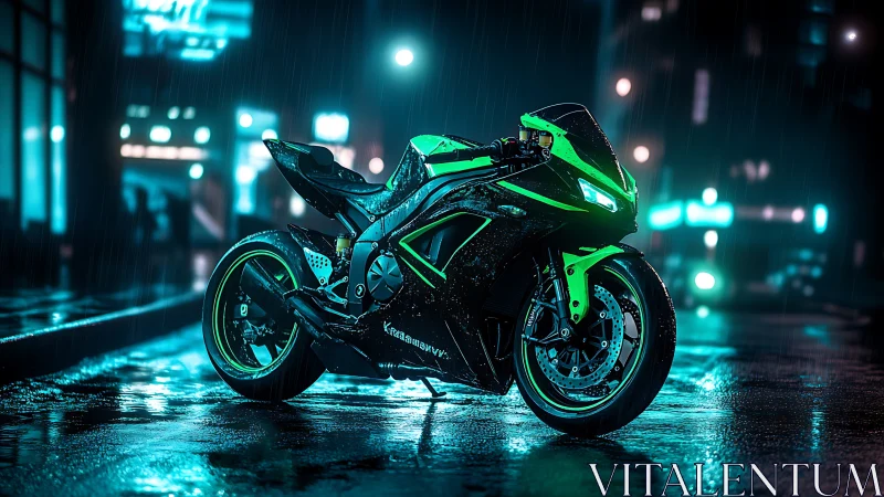 Neon sport motorcycle on wet city street at nightfall.