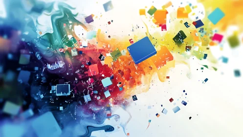 Digital data blocks exploding through fluid chromatic waves.