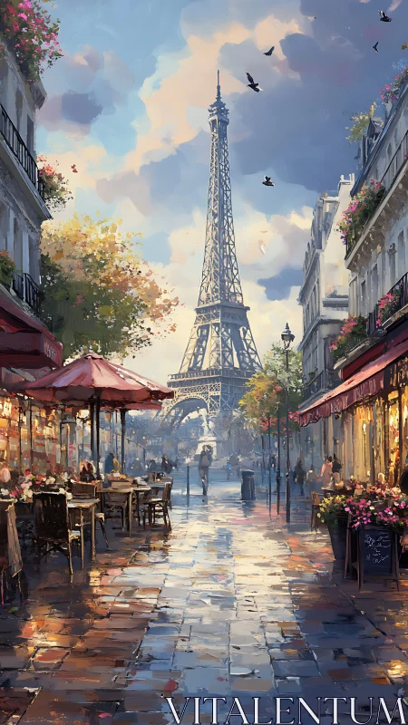 Rainwashed Paris café street glows beneath dreamy tower.