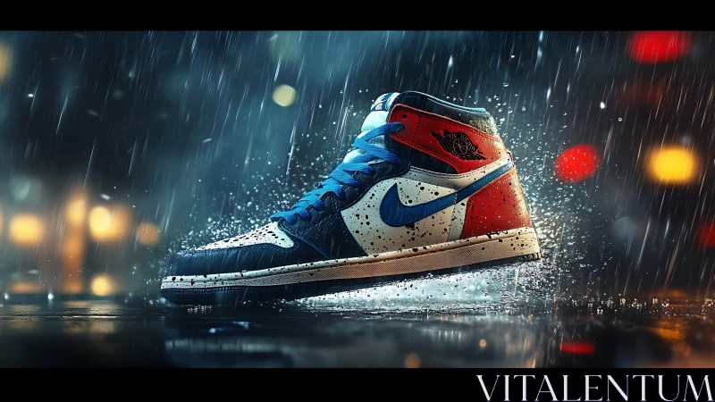 Bold sneaker strides through neon rain in a lively city night