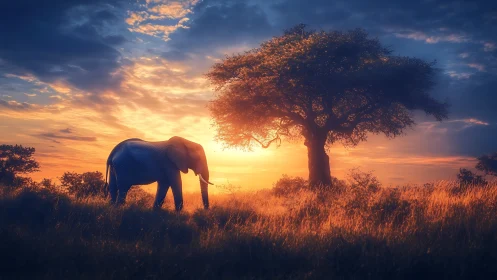 Elephant silhouetted at golden hour beside lone savanna tree