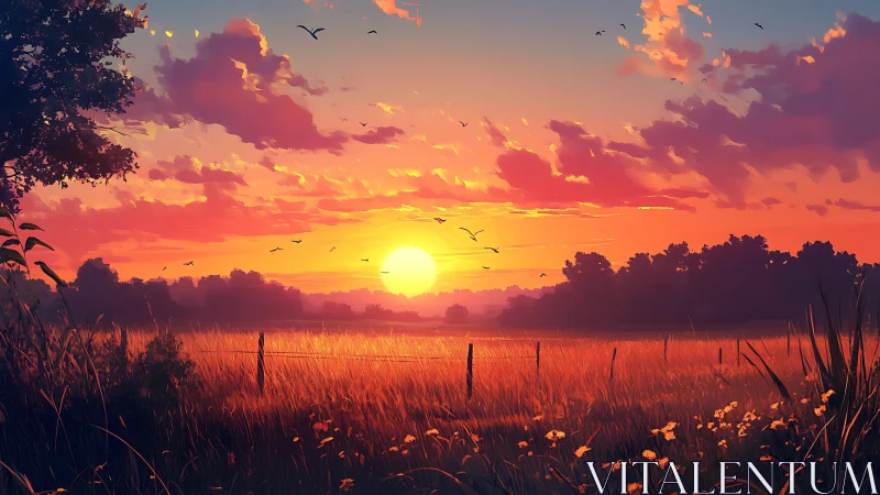 Sunset illuminates rural field with silhouetted distant treeline