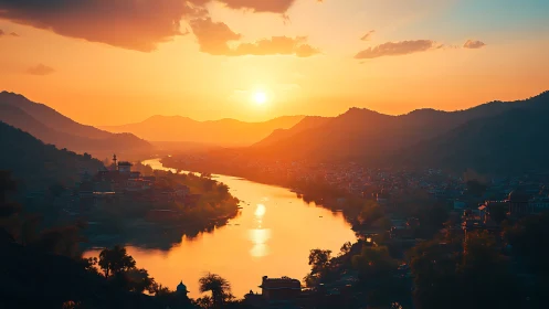 Sunlit river winds through tranquil mountain town at dusk.