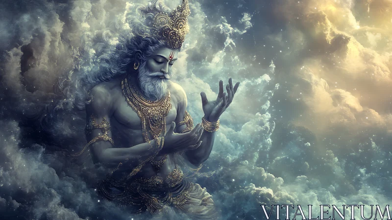 Mythic male figure in ornate gold jewelry within clouds.