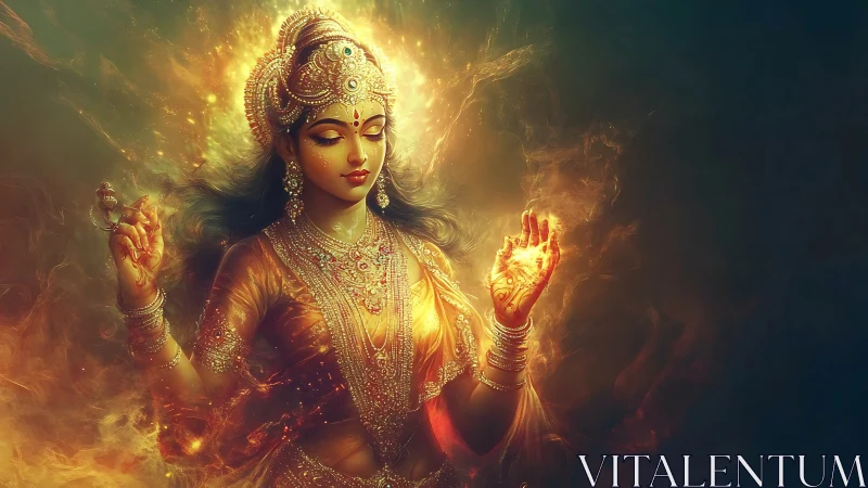 Radiant goddess of fire stands in blazing divine serenity