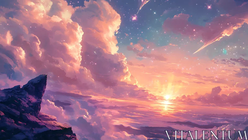 Volumetric clouds and celestial streaks frame a saturated spectral sunset