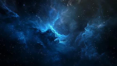 Deep space starfield surrounds illuminated blue nebula