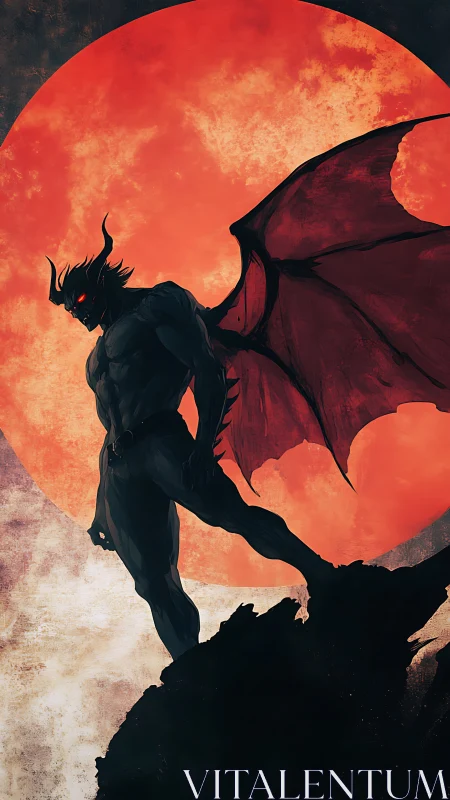 Winged demon silhouette against a large red moon.