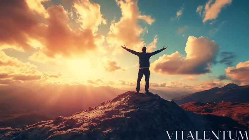 Silhouetted hiker celebrates sunrise atop rugged mountain peak