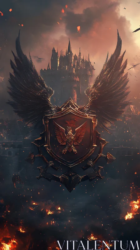 Winged war sigil hovers over burning siege citadel.