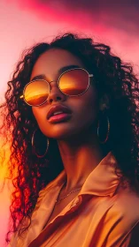 Sunset-soaked muse in mirror-bright golden aviator shades.