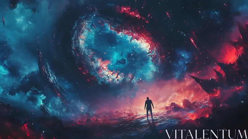 Solitary figure facing swirling cosmic nebula portal.
