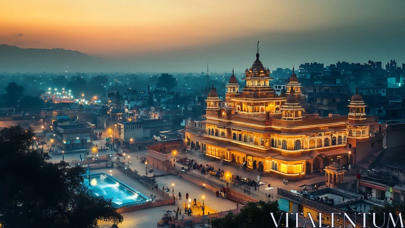 Photorealistic twilight cityscape with illuminated temple complex.