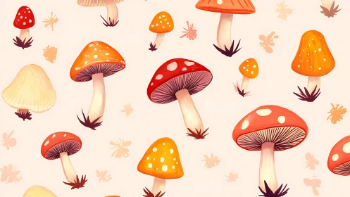 Whimsical red and orange mushrooms form seamless pattern.