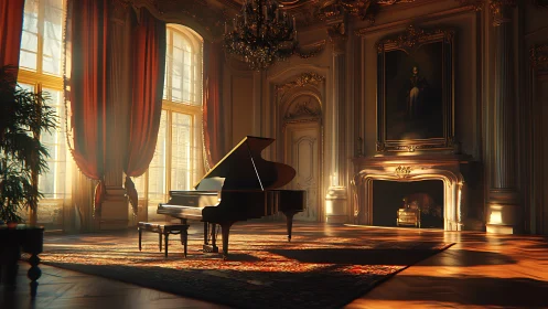 Sunlit grand piano quietly rules an opulent golden salon