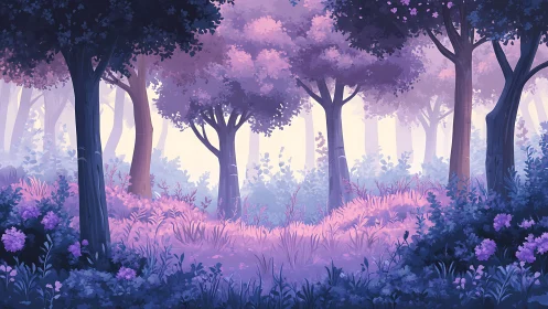 Enchanted Purple Forest with Blooming Flowers at Dawn