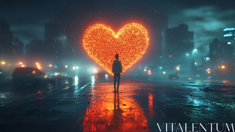 Radiant Solitude: Figure Gazing at Glowing Heart in Rainy Metropolis.