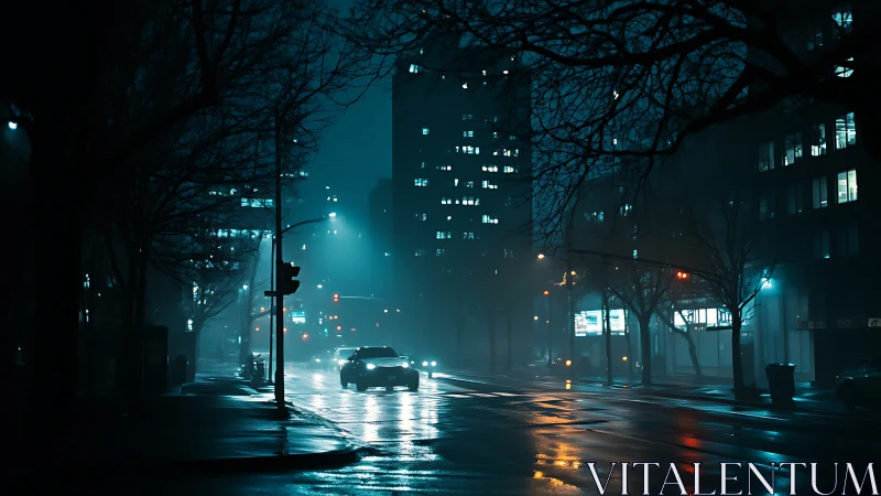 Wet urban street at night with car and distant office towers.