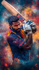 Cricketer gripping bat amid vibrant abstract color cloud