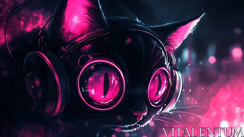 Neon-lit black cat with reflective headset rendered in high contrast