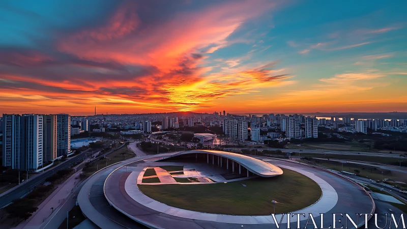 Sunset sky gently crowns a modern riverside city skyline