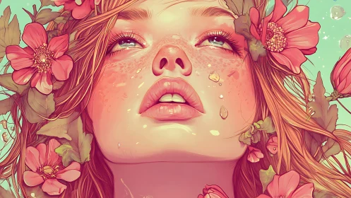 Digital painting portrait with floral halo and upward gaze.