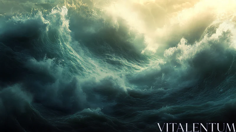Sunlit Tempest Waves Clash Beneath a Stormborn Sky.