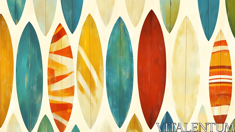 Vertically aligned surfboards form repeated elongated shapes