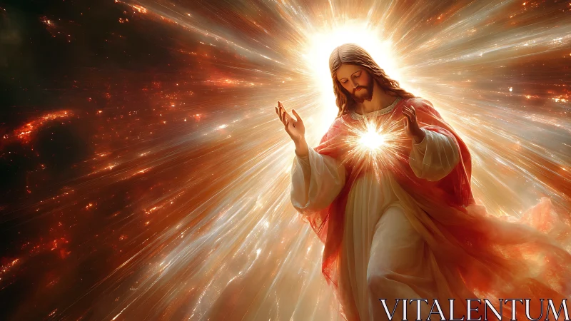 Radiant sacred heart figure in glowing celestial light.