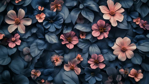 Coral Blossoms Against Deep Blue Foliage.