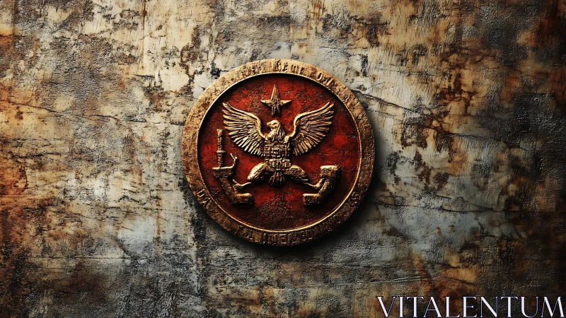 Weathered bronze eagle seal on timeworn fortress wall.