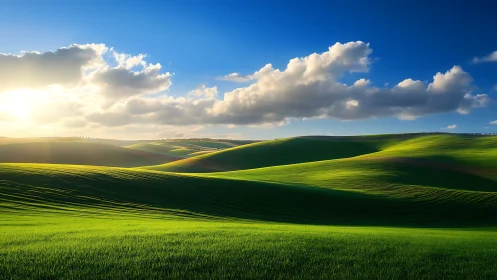 Sunlit emerald hills roll beneath a deep sapphire sky.