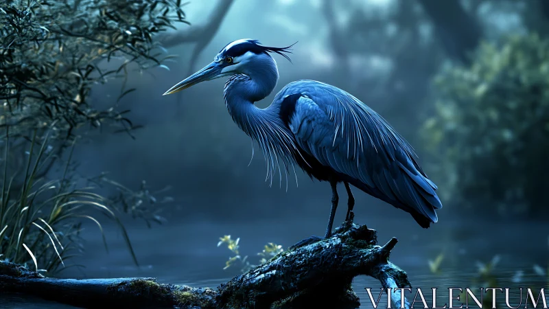 Majestic blue heron on misty log in serene digital artwork.