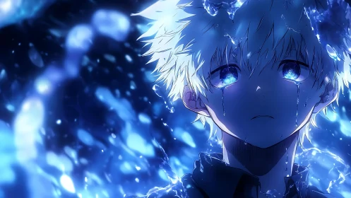Luminous blue-eyed anime boy stands amid cascading liquid shards