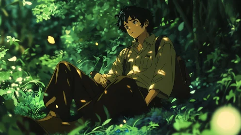 Forest daydreamer resting in dappled green hush.