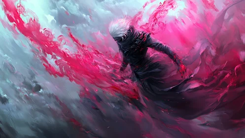 Storm-touched sorcerer blooms from swirling crimson tempest