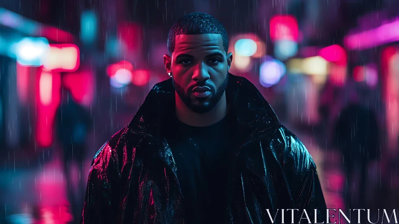 Man in glossy jacket on rainy neon city street at night.