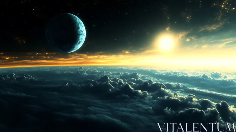 Digital painting of alien sunrise above clouded exoplanet horizon.