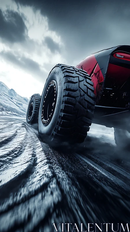 Off-road truck powers through icy mountain road in storm