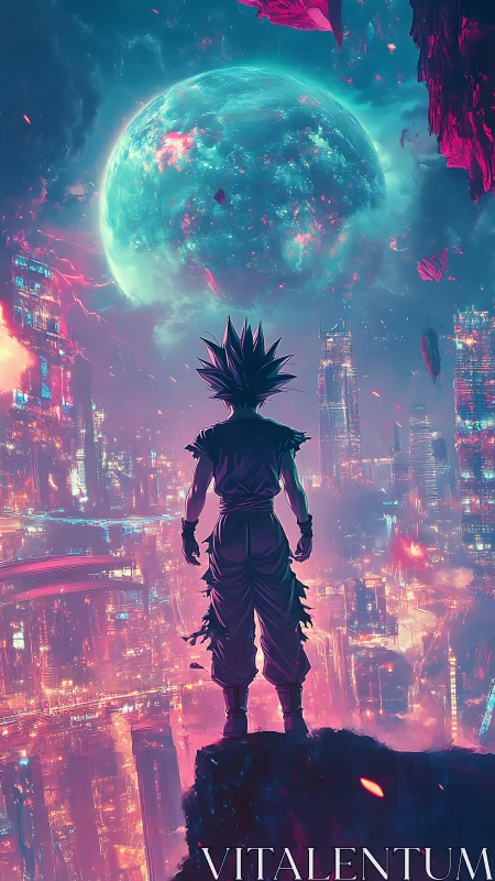 Starlit warrior studies a shattered neon planet in silence