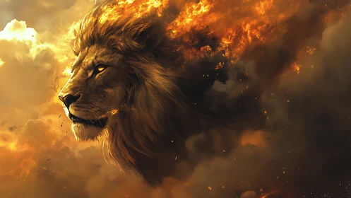 Lion head emerging from fiery clouds in dramatic profile view.