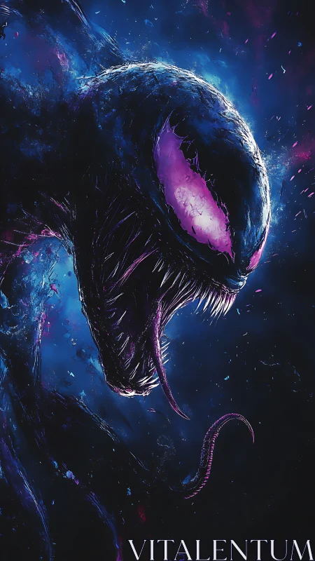 Alien-like creature profile in neon blue and purple space.