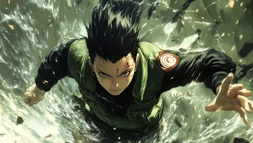 Intense anime warrior charges forward through water storm.