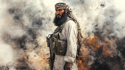 Armed man in tactical vest amid dense smoke and debris.