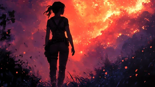 Silhouetted Figure Stands Amid Explosive Fire and Chaos