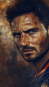 Brooding athlete portrait within textured bronze haze.
