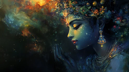 Cosmic floral deity portrait in luminous spectral gradients.